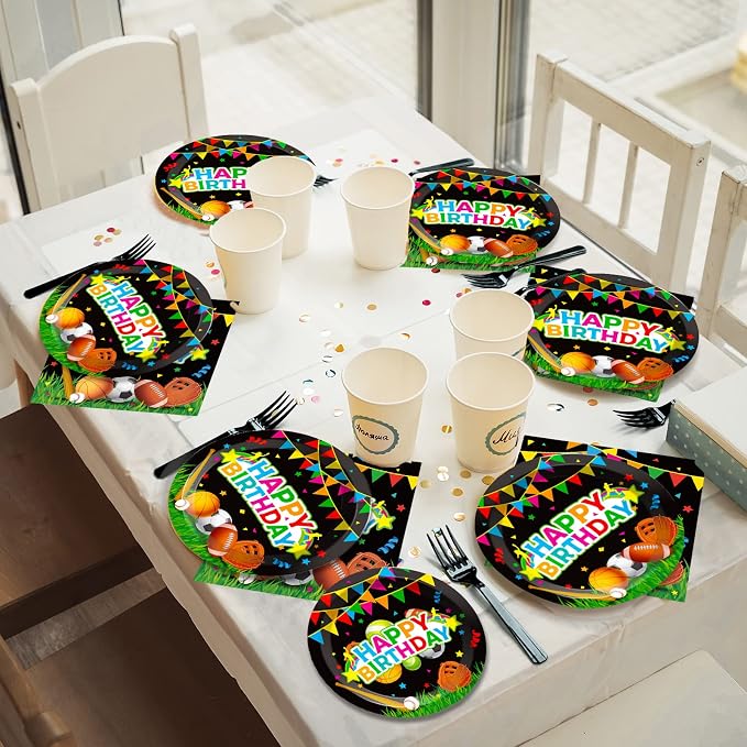 Sports Party Plates Napkins Sports Happy Birthday Party Tableware Baseball Football Soccer Basketball Rugby Disposable Paper Plates Napkins for Boy Birthday Decoration Supplies Favors 24 Guests