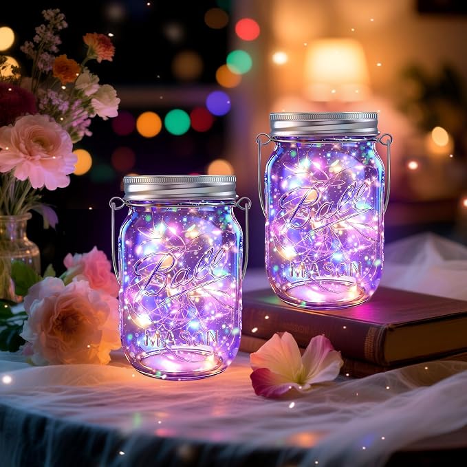 Solar Mason Jar Lights, 12 Pack 30 LED Firefly Fairy String Lights, Waterproof Outdoor Solar Mason Jar Lid Lights with Hangers(NO Jars) for Patio Garden Yard Wedding Decoration - Multicolor