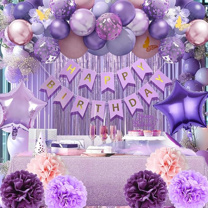 Birthday Decorations Set, Purple Party Decoration with Purple Balloons, Banner, Pom Poms, Fringe Curtain Background, Birthday Crown, Shoulder Strap for Girls Women Party Supplies