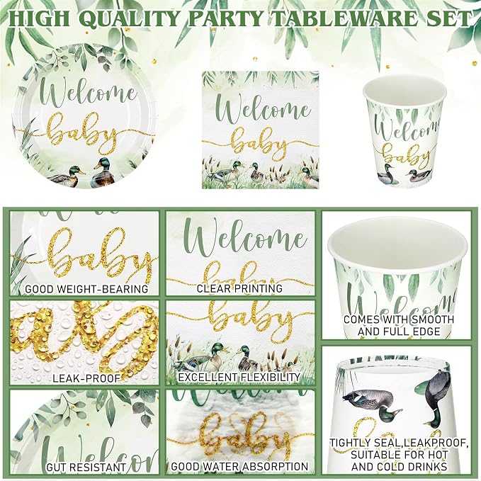 Hushee 200 Pcs Mallard Duck Baby Shower Paper Plates Napkins Cups Baby Shower Party Supplies Tableware Set Disposable Cup Napkin for 50 Guest Party Decoration