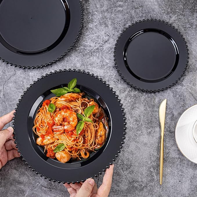 U-QE 60PCS Black Plastic Plates - Heavy Duty Black Disposable Plates Including 30PCS 10'' Dinner & 30PCS 7.5'' Dessert Plates -Hard Plastic Plate for Party Wedding Bridal Shower