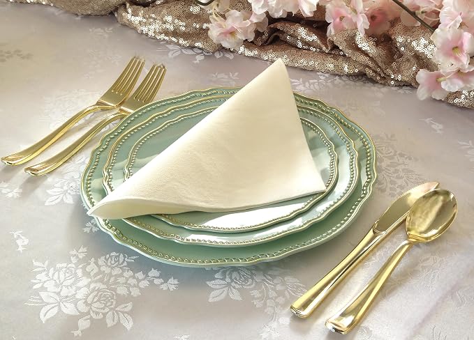 " OCCASIONS " 150pcs set (25 Guests)-Wedding Plastic Plates & cutlery -Disposable heavyweight Dinnerware 10.25'', 7.5'' + Silverware w/double fork (Rochelle Seafoam/Mint and Gold))