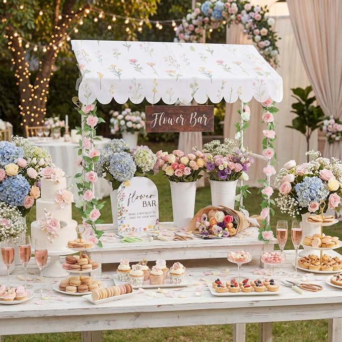 7 Pcs Flower Bar Stand Kit Flower Display Bloom Bar with 1 Set Plastic Stand 1 Floral Sunshade Cloth 4 Rose Tinsel 1 Wood Sign for Wedding Shop Floral Party Supplies Garden