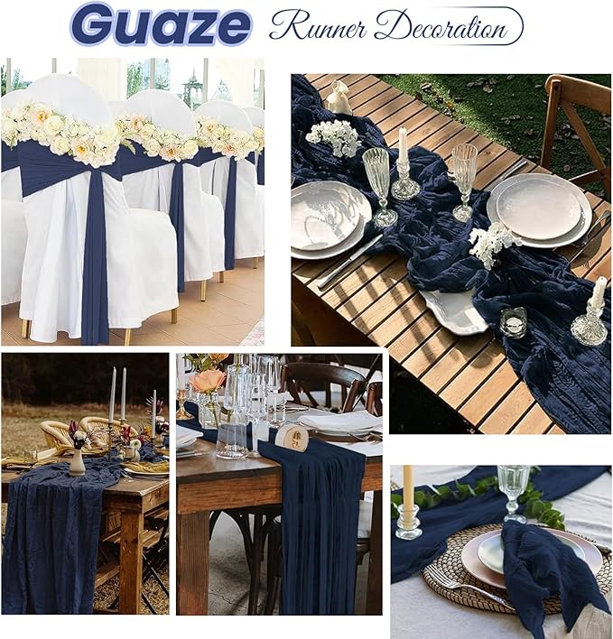 6 Pack Navy Blue Cheesecloth Table Runner 20 x 120 inch Gauze Table Runners 10 FT Long,Semi Sheer Boho Cheese Cloth Fabric Table Runner Bulk for Wedding,Party,Baby Shower,Bridal Shower Decoration