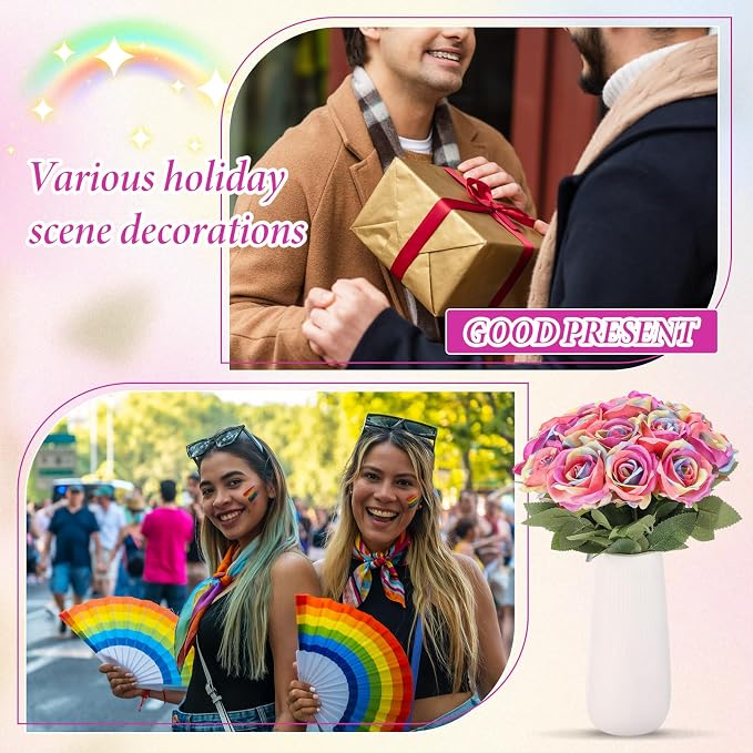 Hotop 20 Pcs Artificial Rose Flowers with Long Stem, Real Lifelike Silk Realistic Plastic Bouquet Roses Bulk for Home Decor Bridal Wedding Party Table Centerpieces Decorations(Rainbow)