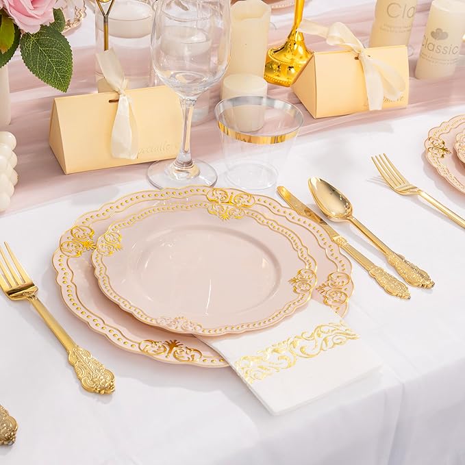 Ciaell 175 PCS Pink and Gold Plastic Plates - Fancy Gold Disposable Dinnerware Set with of 50 Plates, 25 Knives, 25 Forks, 25 Spoons, 25 Cups, 25 Napkins for Party & Weddings & Mother's Day