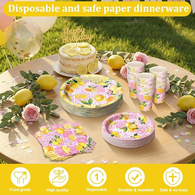 Hsei 250 Pcs Pink Lemon Birthday Party Decorations Lemon Plates and Napkins Pink Baby Shower Birthday Supplies Set Disposable Plates Napkins Cups for Bridal Baby Shower Party Supplies