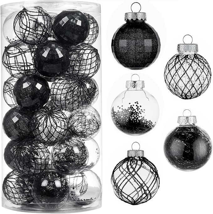 CristBest 30ct Christmas Ball Ornaments-60mm/2.36" Shatterproof Clear Plastic Xmas Balls Baubles Set with Stuffed Delicate Sparkling, Hanging Christmas Tree Decorations(Black)