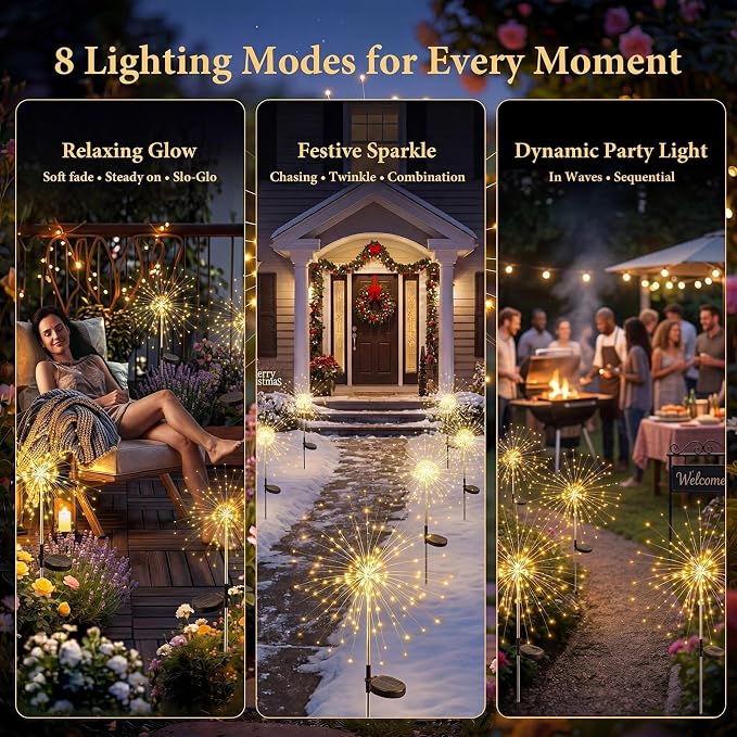 Solar Firework Lights, 10 Pack 120 LEDs 8 Lighting Modes Twinkle Solar Garden Lights Outdoor Waterproof for Yard Patio Walkway Pathway Party Wedding Balcony Decorative- Warm White