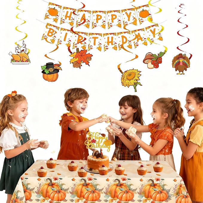 Thanksgiving Themed Happy Birthday Decoration，Happy Birthday Banner, Hanging Swirls, Latex Balloons, Cake Toppers, Disposable Tableware Set, Backdrop & Tablecloth for Kids Adults Birthday Party Decors