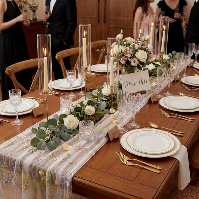 Ivory White Floral Table Runner 10ft Embroidery Tulle Spring Wildflower Gauze Table Runner Seasonal Summer Butterfly Kitchen Dining Decoration for Wedding Baby Shower Birthday Party (6 Pcs)