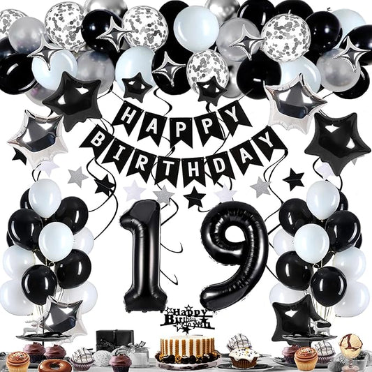 19th Birthday Decorations for Boy Girl, Black White and Silver Happy 19 Party Decor Set with 19 Number Foil Balloons, Banner, Cake Topper for Him Her