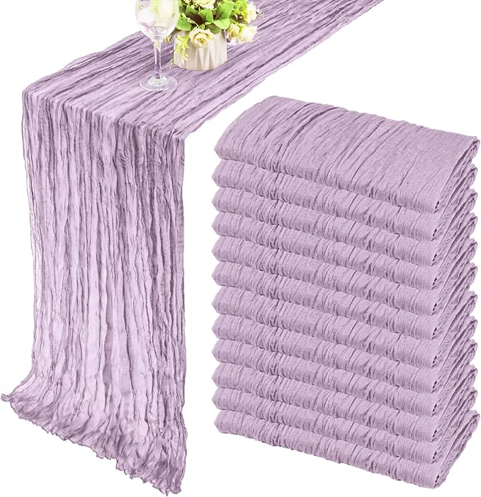 12 Pack Boho Gauze Table Runner - 35x72 Inch Rustic Cheese Cloth Long Runner for Wedding, Bridal Shower, Birthday Party Decor (Light Purple)