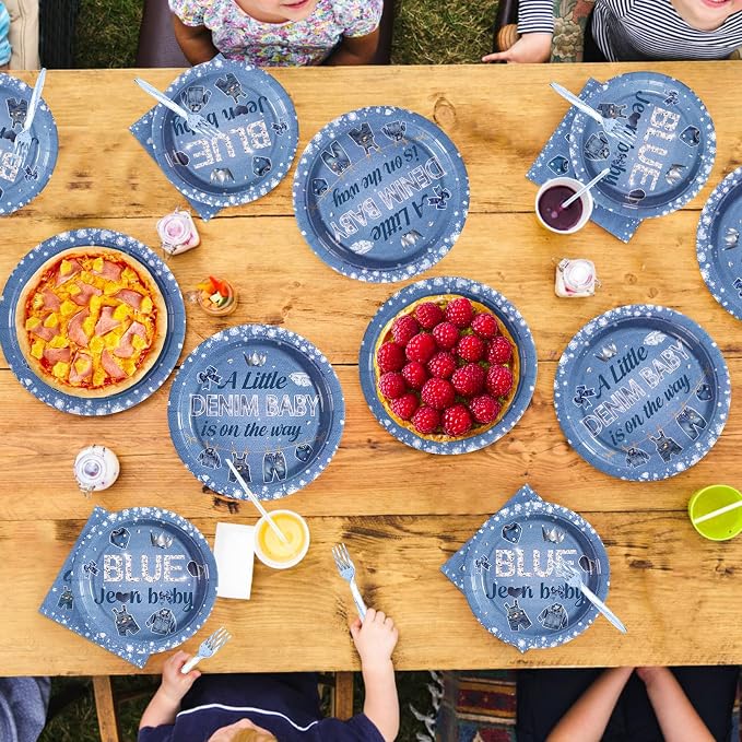 96Pcs Blue Jean Baby Shower Decorations Denim and Diamonds Birthday Plates and Napkins Tableware Sets A Little Denim Baby is on the Way Decorations for Kids Boys Blue Jeans Birthday Supplies Serves 24