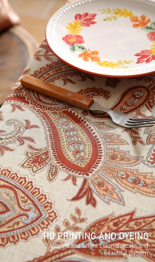 ISAENNE Designer Vintage Linen Rectangular Tablecloth,87"x55"-Chauffrey D | Vintage French Table Cloth Rectangle Table,Cashew Pattern,Durable,Heavyweight,Dining,Kitchen,Tea Party,Thanksgiving