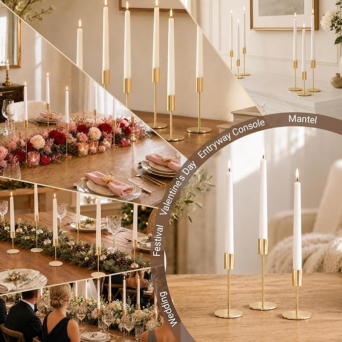 zeochyni French Gold Taper Candle Holders Set of 6, Tall Metal Candlestick Holders in 3 Heights with Weighted Base for Wedding Table Centerpiece, Dining Table, Mantel Decor and Housewarming Gift