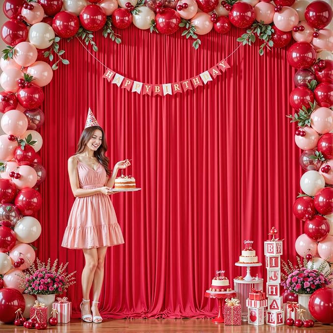4 Panels Red Backdrop Curtains - Wrinkle Free Fabric Backdrop Curtain for Photoshoot, 10FT Wedding Party Photo Backdrop Drapes for Birthday Baby Shower Photography Stage Background Decorations