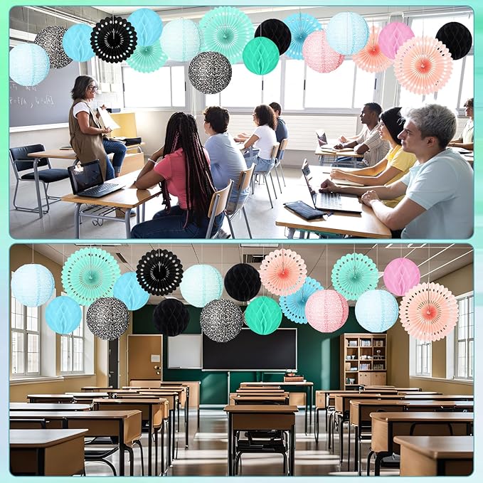 Retisee 18 Pcs Colorful Composition Book Classroom Decoration Kits Black and White Composition Hanging Paper Lanterns Paper Fans Honeycomb Balls Decor for Graduation End of Year School Supplies
