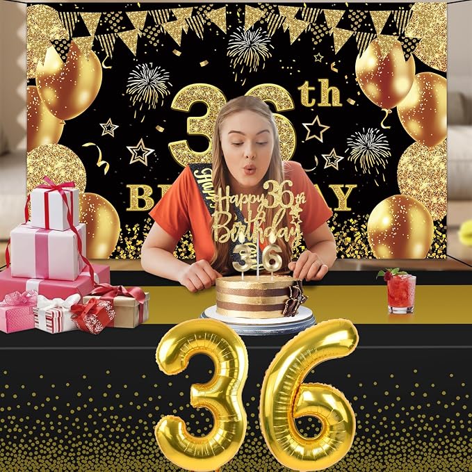 36th Birthday Decorations Men Women with 36th Birthday Banner, Black and Gold Table Cloth, Number Balloons, Large Sash, Cake Topper and Candles