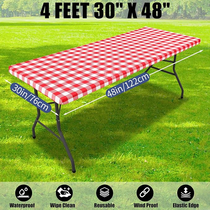 Smiry Picnic Table Cloth 6 Pack, Waterproof Elastic Fitted Tablecloths for 4FT Rectangle Tables, Washable Polyester Buffalo Plaid Tablecloth for Camping, Dining & Outdoor (Red & White, 30" x 48")