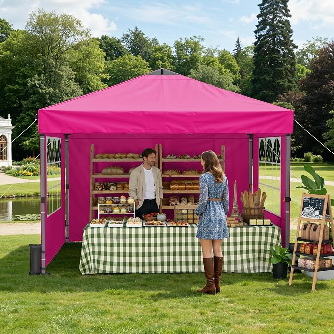 Raynesys Pop Up Canopy Tent with Sidewalls, 10x10ft 10 Person Party Tent One Push Setup, Portable Gazebo Outdoor Sun Shade for Events, Parties, Camping, Commercial, Silver Coated Top, Pink