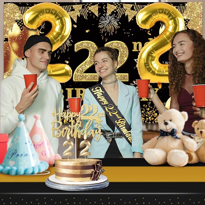 22nd Birthday Decorations Men Women with 22nd Birthday Banner, Black and Gold Table Cloth, Number Balloons, Large Sash, Cake Topper and Candles
