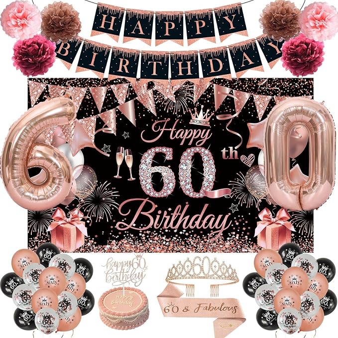 60th Birthday Decorations for Women, JKIYT Black Rose Gold Happy 60 Years Old Decor for Woman Include Sash and Crown, 30pcs Balloons Banner 40" Number Balloons, Backdrop Cake Topper & Paper Pom Poms