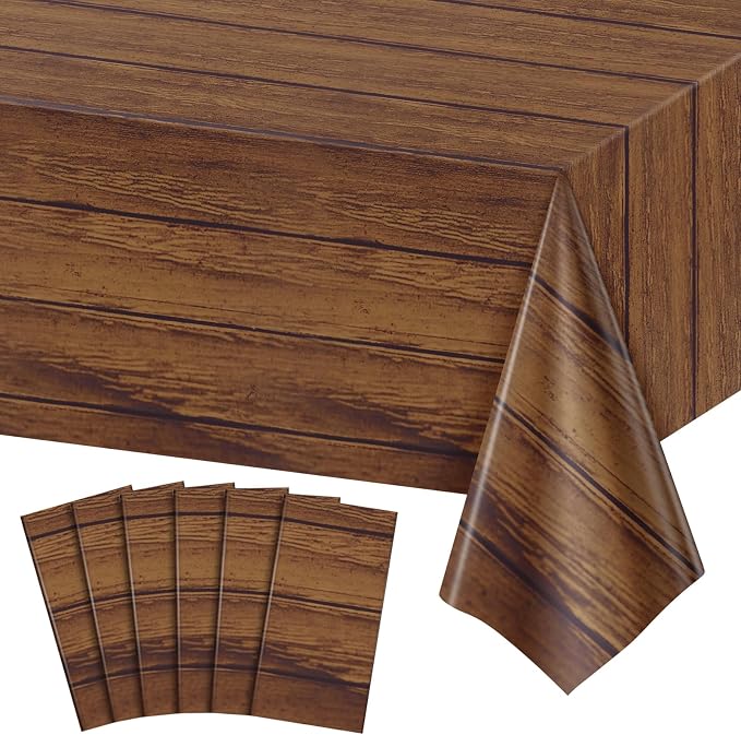 6 Pack Wood Grain Plastic Tablecloths, 54 x 108 In Rustic Table Covers | PE material, disposable and easy to clean, fits 8-10 seat tables, rustic farmhouse look for western barn parties