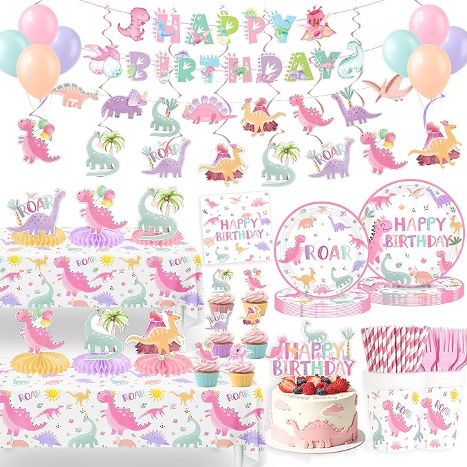 Dinosaur Bday Party Supplies Decorations for Girls 1st 2nd 3rd 4th Bday Dino Tableware Pre-strung Banner Honeycomb Centerpieces Tablecoth Hanging Swirls Cupcake Topper Balloons Serve 25