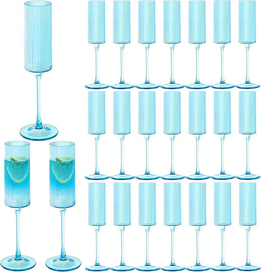 JLYLOL 24 Pcs Blue Plastic Champagne Flutes 6OZ Large Ribbed Champagne Glasses Toasting Glass Plastic Goblets for Parties Vintage Mimosa Bar Glasses Elegant Stemmed Drinking Cups for Wedding Bride