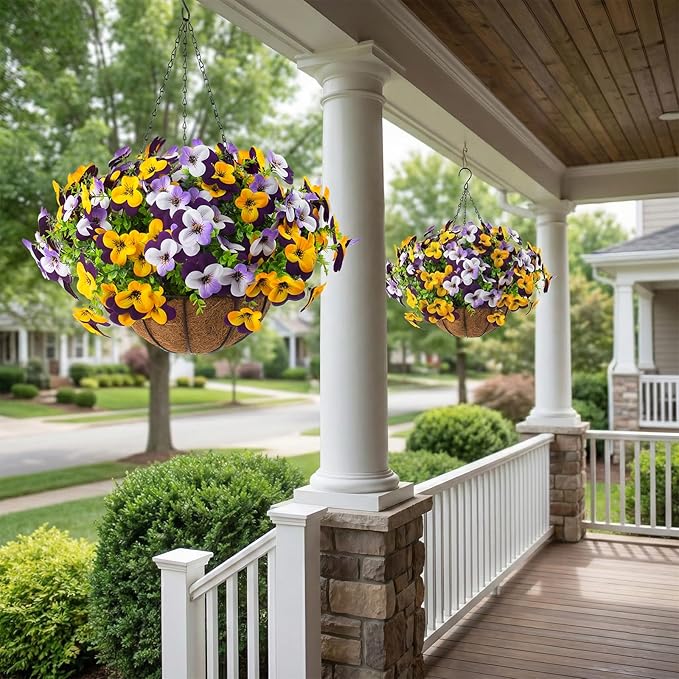 2 Set Artificial Outdoor Pansy Flowers with Hanging Baskets, 2 Hanging Baskets with 24 Pcs Silk Flowers for Spring Easter Decorations Porch Patio Home Decor (2, Purple, Yellow, White, Light Purple)