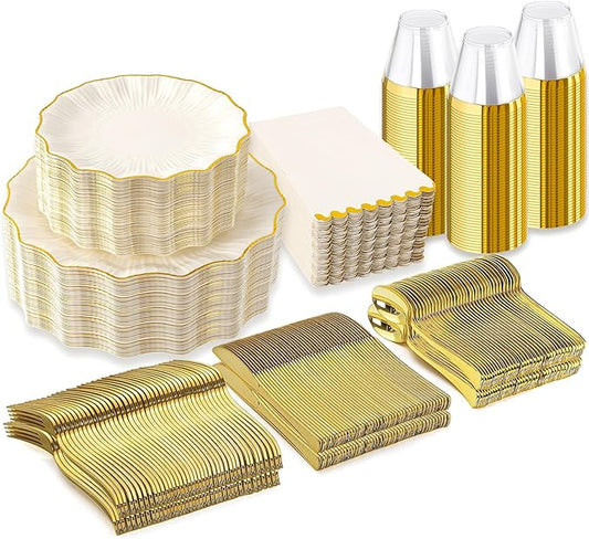 I00000 350 PCS Ivory and Gold Plastic Plates for 50 Guests, Premium Scalloped Disposable Dinnerware Set Include: 100 Disposable Plate, 50 Napkins, 50 Cups, 50 Silverware Set for Party & Wedding