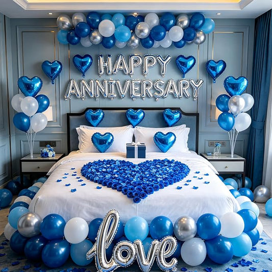 Blue Happy Anniversary Balloons Kit with Heart Shaped, Love Foil Balloons and 1000 Pieces Rose Petals for Valentine's Day Proposals Decorations (Blue - Happy Anniversary)