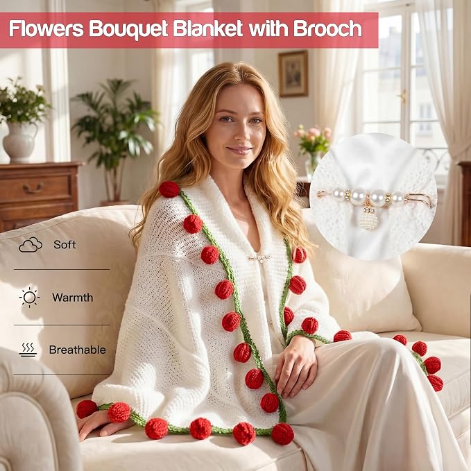 Mom Gifts for Mothers Day, Handmade Knitted Crochet Flower Bouquet Blanket, Birthday Gifts for Women, Anniversary, Wedding, Romantic Gifts for Wife Girlfriend Sister Friends, Throw Blanket, Home Decor
