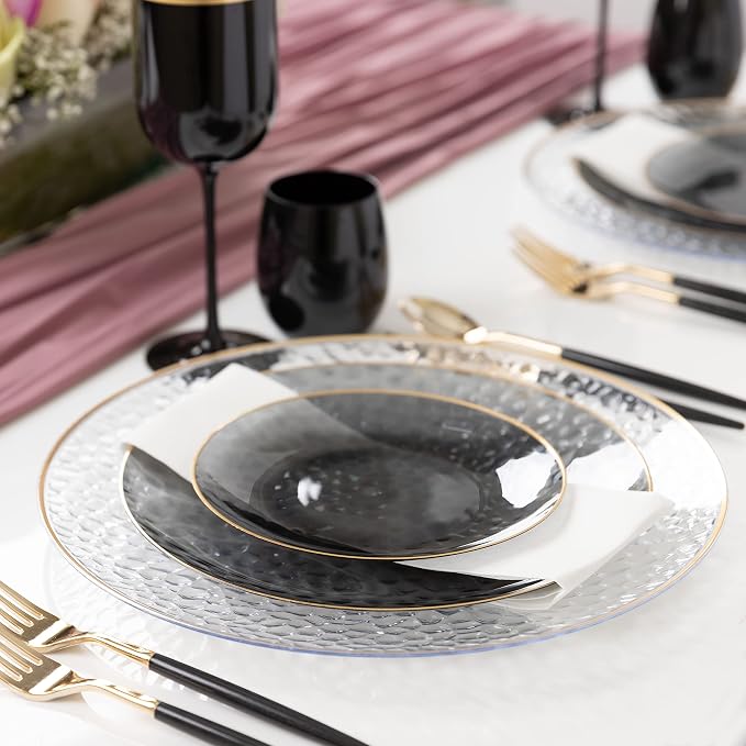 PlasticPro 30 Pack Hammered Plastic Plates Heavyweight Disposable Plastic Plates Elegant Black Transparent Plates With Gold Rim Platsic Party Dishes (Transparent Black With Gold Rim, 10'' INCH PLATES)