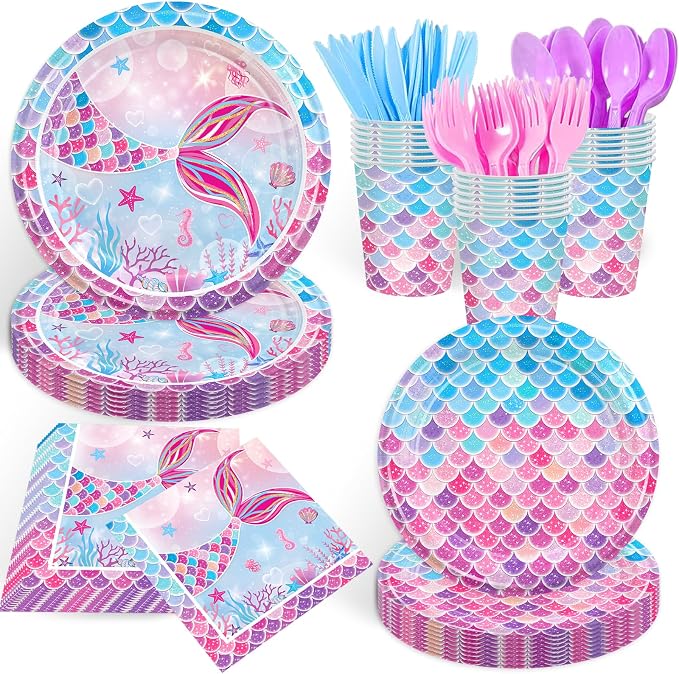 168PCS Mermaid Party Supplies for Birthday Summer Pool Themed Party Decorations Ocean Under The Sea Tableware Mermaid Tail Paper Plates Cups Napkins Set Serves 24 Guests
