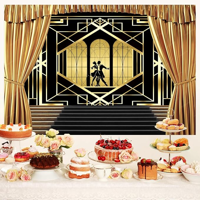 10x8ft Roaring 20s Backdrop for Photography Great 1920s Retro Roaring Party Decor Photo Background Wedding Black and Gold Golden Banner Decoration Birthday Briadal Shower Photo Shoot Booth Supplies