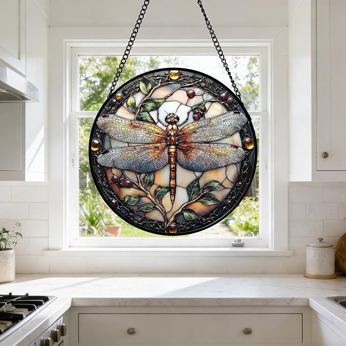 DASTOLL Stained Glass Window Hanging - Dragonfly Plant Suncatcher Ready to Hang Window Doors Home Decoration, Christmas, Mother's Day Birthday Gifts for Women, Men, and Mom 6.3X6.3IN