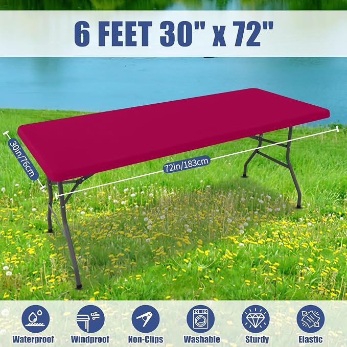 Moosfor Spandex 6 Foot Rectangle Table Cloth 4 Pack, Elastic Fitted Tablecloths for Picnic, Stretch Washable Patio Table Cover for Outdoor, Camping, Banquet and Parties (Fuchsia, 30"x72")
