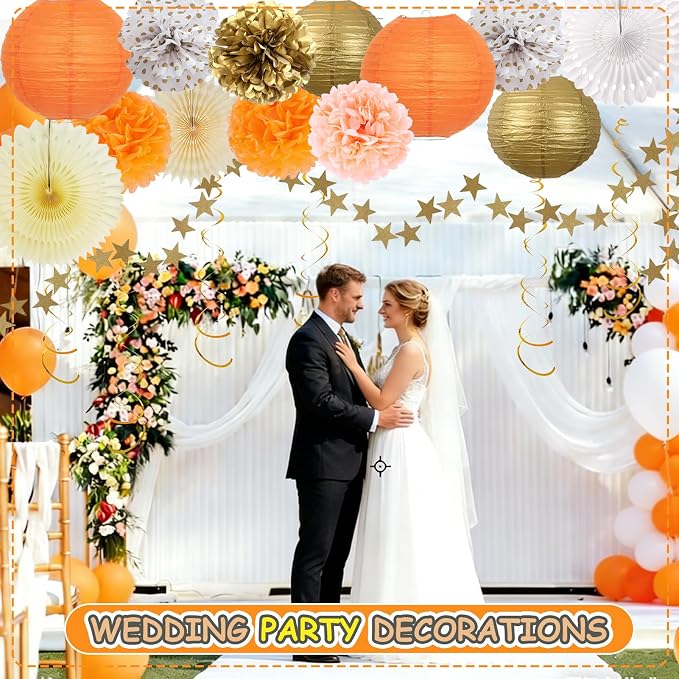 20Pcs Birthday Decorations Paper Fans Lanterns,Fall Party Decorations Pom Poms Flowers,Orange Champagne Gold Bohemian Style Party Decoration for Autumn Girls Women Baby Shower Wedding Thanksgiving