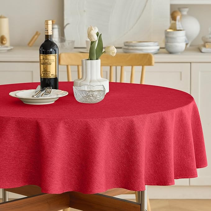 Decorelia Waterproof Small Round Table Cloth, Decorative Farmhouse Tablecloths Anti-Scratch Tablecloth Cover for Holiday,Banquet,Dining& Kitchen Table (60 Inch,Round (2-4 Seats),Red)