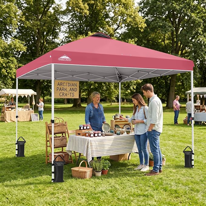 EAGLE PEAK Pop Up Canopy Tent with Wheeled Carry Bag, 8 Stakes, 4 Ropes, 4 Weight Bags, Easy Set Up Tent Canopy, 10x10 ft, 100sqft of Shade, Peach Pink