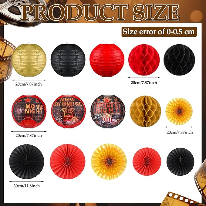 Retisee 18 Pcs Movie Night Party Decor Theme Hanging Paper Lanterns with Popcorn Trophy Microphone Film Reel Honeycomb Ball Fans for Movie Night Theater Carnival Party Decor