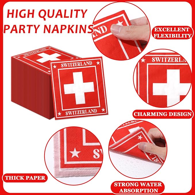 96pcs Switzerland Party Supplies Tableware Set Swiss Flag Party Paper Plates and Napkins Swiss National Day Decoration Suitable for Cultural Festivals Global Travel Parties, Serve 24