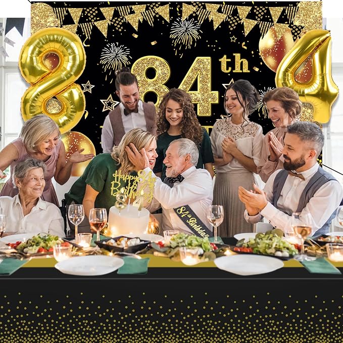 84th Birthday Decorations Men Women with 84th Birthday Banner, Black and Gold Table Cloth, Number Balloons, Large Sash, Cake Topper and Candles