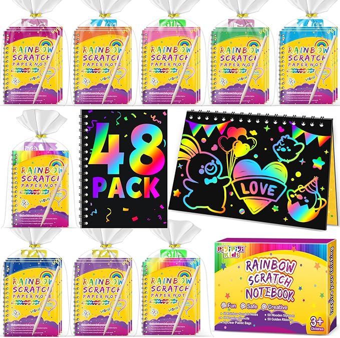 Party Favors for Kids 4-8-12: 48 Pack Scratch Rainbow Art Crafts Notebook, Coloring Book Goodie Bags Stuffers Kit, Bulk Birthday Easter Gift Classroom Prizes Girl Boy Toddler