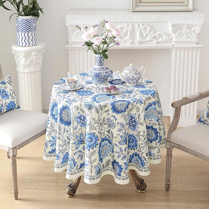 ISAENNE Designer French Linen Round Tablecloth,Diameter 55"-Blanch | Chinoiserie Vintage Elegant Table Cloth,Blue Floral Pattern,Beautiful,Dining Room,Kitchen,Tea Party,Thanksgiving,Decor