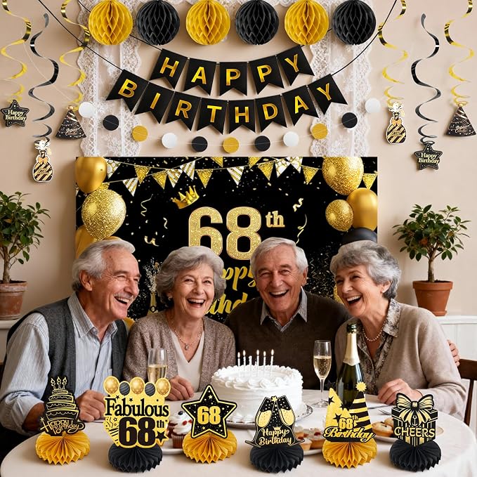 Happy 68th Birthday Party Decoration: Including Birthday Banner Backdrop, Party Table Centerpieces and Hanging Swirl Party Streamers, Birthday Decor for Men and Women (Gold/Black, 68th Birthday)
