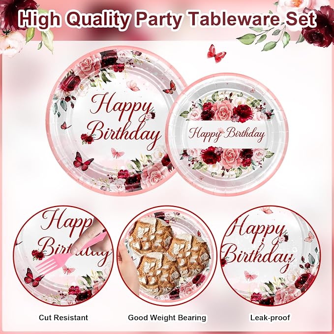 Avezano 168 PCS Burgundy Birthday Party Decorations Rose Gold Floral Birthday Tableware Set Floral Plates Napkins Supplies for Women Girls, Serves 24