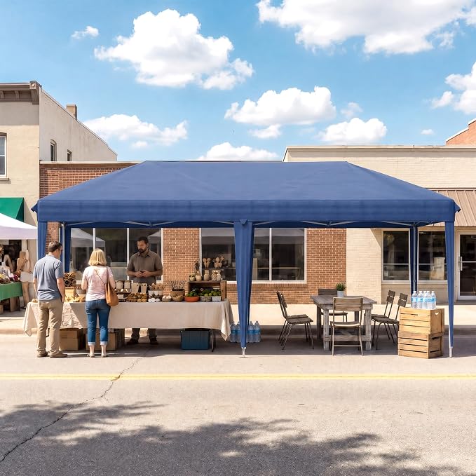 10x20 FT Portable Pop Up Canopy Tent with Sandbags, Adjustable Height Instant Gazebo Without Sidewalls,Waterproof Outdoor Canopy for Camping, Parties, Vendor Events (Blue, 3m × 6m Without sidewalls)